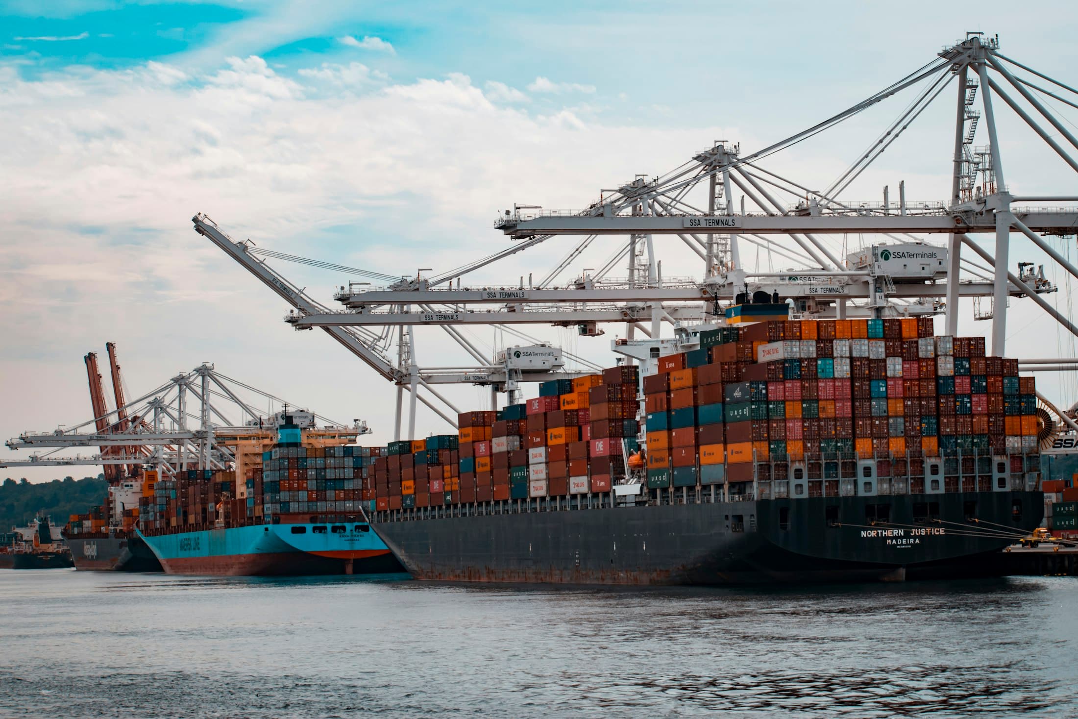 Container ship being loaded at a port